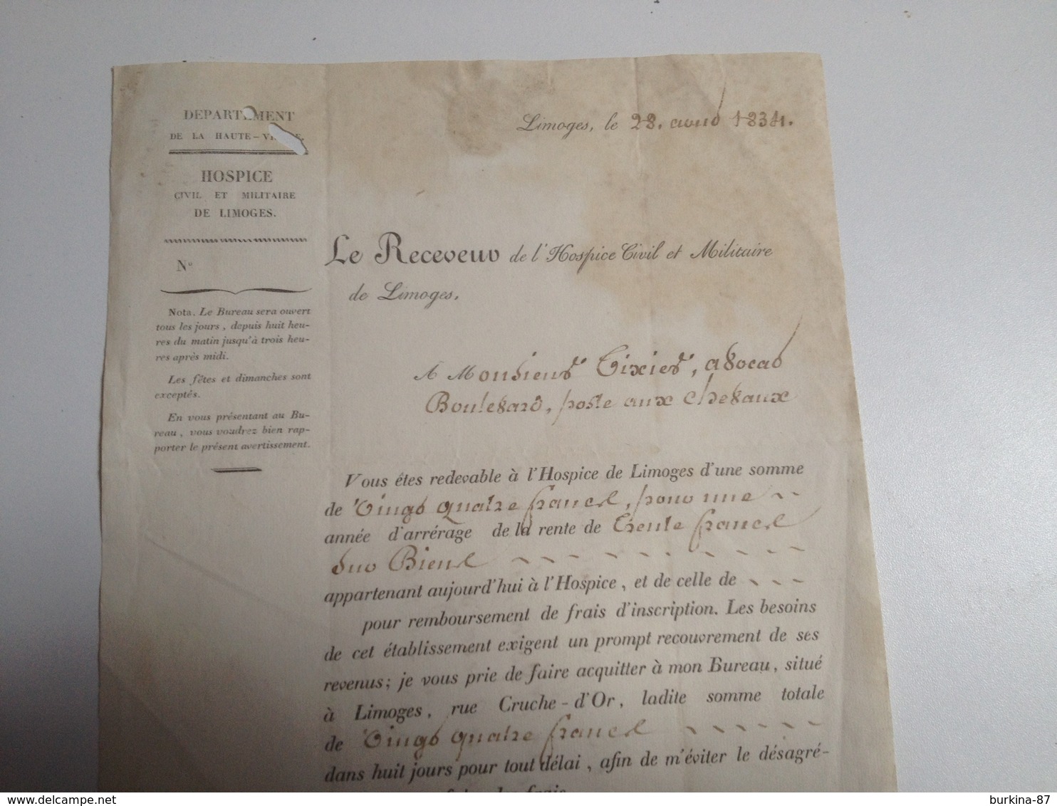 Limoges, Hospice Civile Et Militaire, Facture , 1834 - Andere & Zonder Classificatie