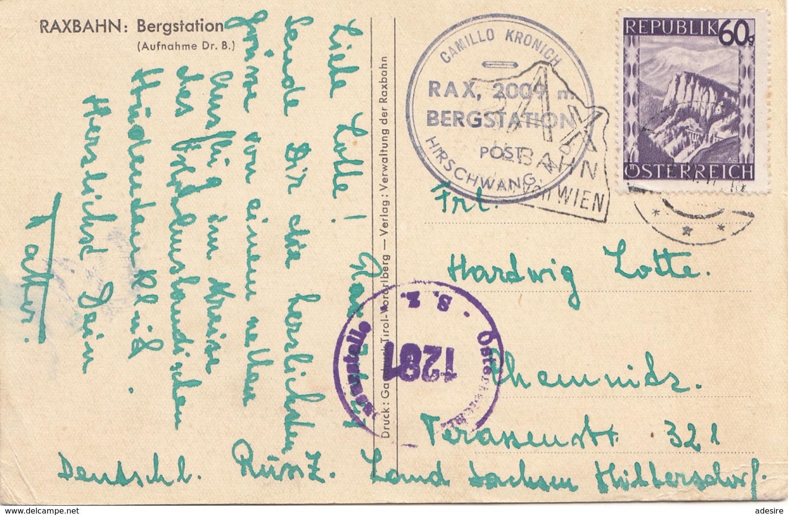 RAX (NÖ) RAXBAHN - Bergstation, Sonderstempel, Zensurstempel, 60 Gro Frankatur, Gel.v.Hirschwang > Chemnitz - Raxgebiet