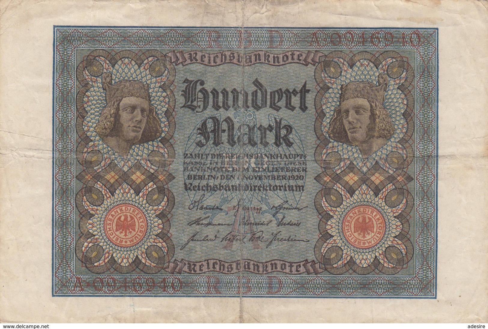 100 MARK Reichsbanknote 1920, Umlaufschein, Gebrauchsspuren, Gefaltet - 100 Mark