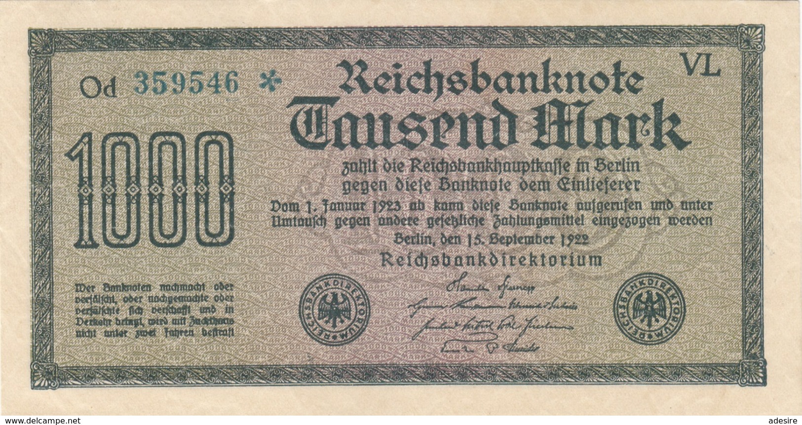 1000 MARK Reichsbanknote 1922, Ungefaltet, Sehr Gute Erhaltung - 1.000 Mark