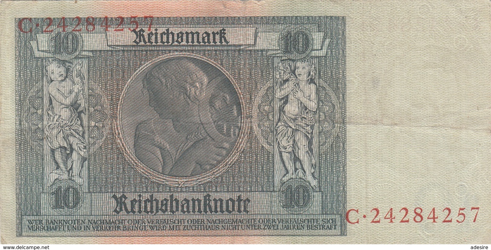 10 REICHSMARK Banknote 1924/1929, Gute Erhaltung, Gefaltet - 10 Mark