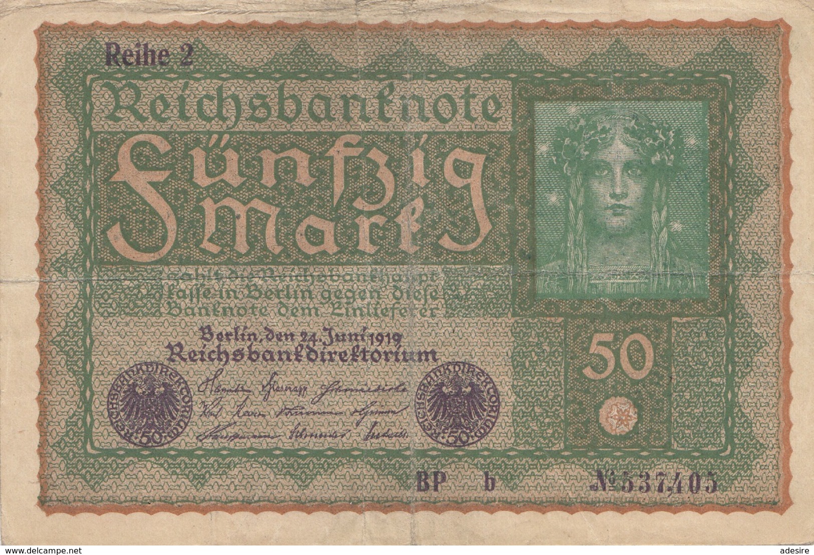 50 REICHSMARK Banknote 1919, Gute Erhaltung, Gefaltet - 50 Mark