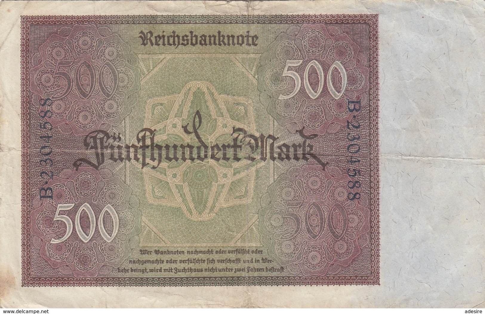 500 MARK Reichsbanknote 1922, Gebrauchsspuren, Gefaltet - 500 Mark