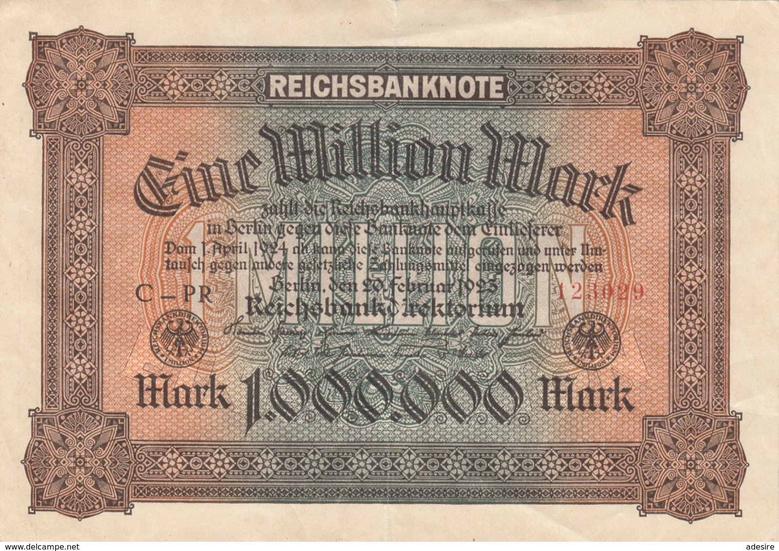 1.000.000 (Million) MARK Reichsbanknote 1923, Einseitig Bedruckt, Gute Erhaltung, Gefaltet - 1 Mio. Mark