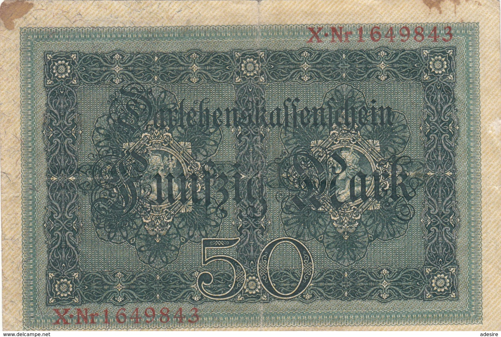 50 MARK Darlehenskassenschein 1914, Umlaufschein, Gebrauchsspuren, Gefaltet - 50 Mark