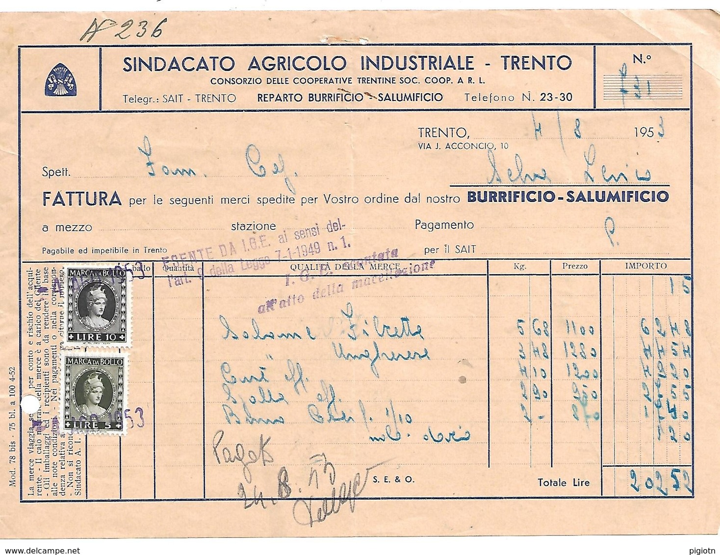 FAT110 - FATTURA 1953 - SINDACATO AGRICOLO INDUSTRIALE TRENTO - MARCHE DA BOLLO - Italia