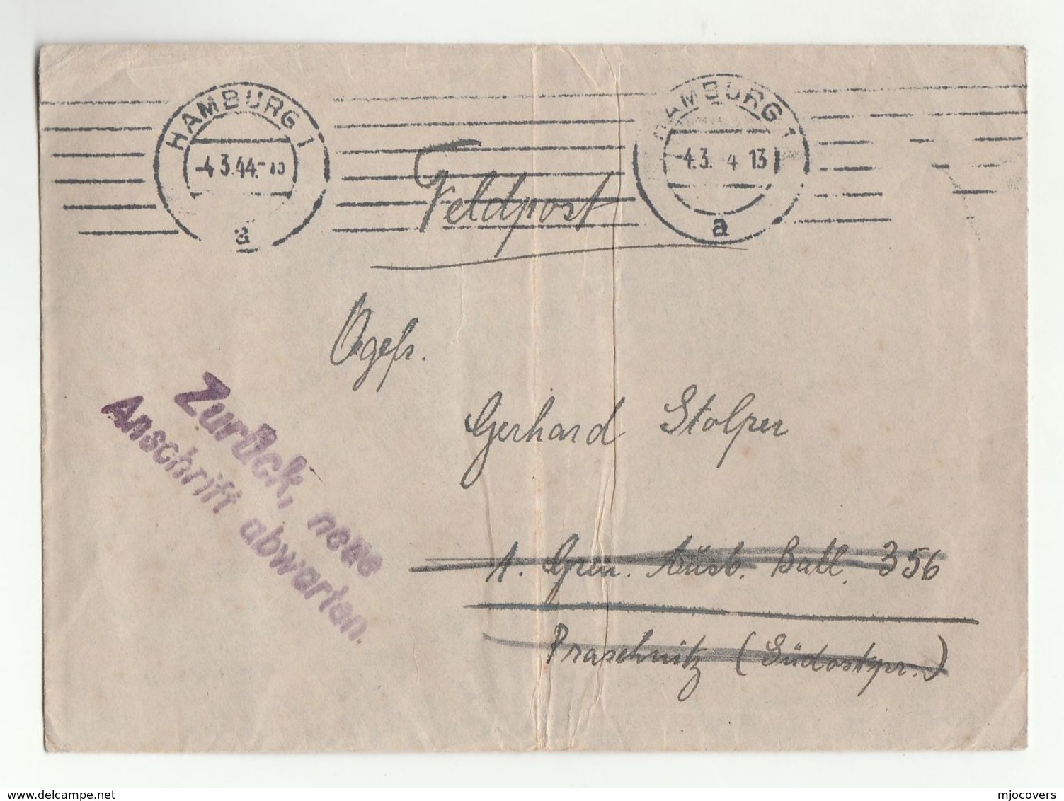 1944 FELDPOST 'Zuruck Neue Anschrift Abwarten' Hamburg To Bat 356 PRASCHNITZ Poland Germany Forces Cover - Covers & Documents