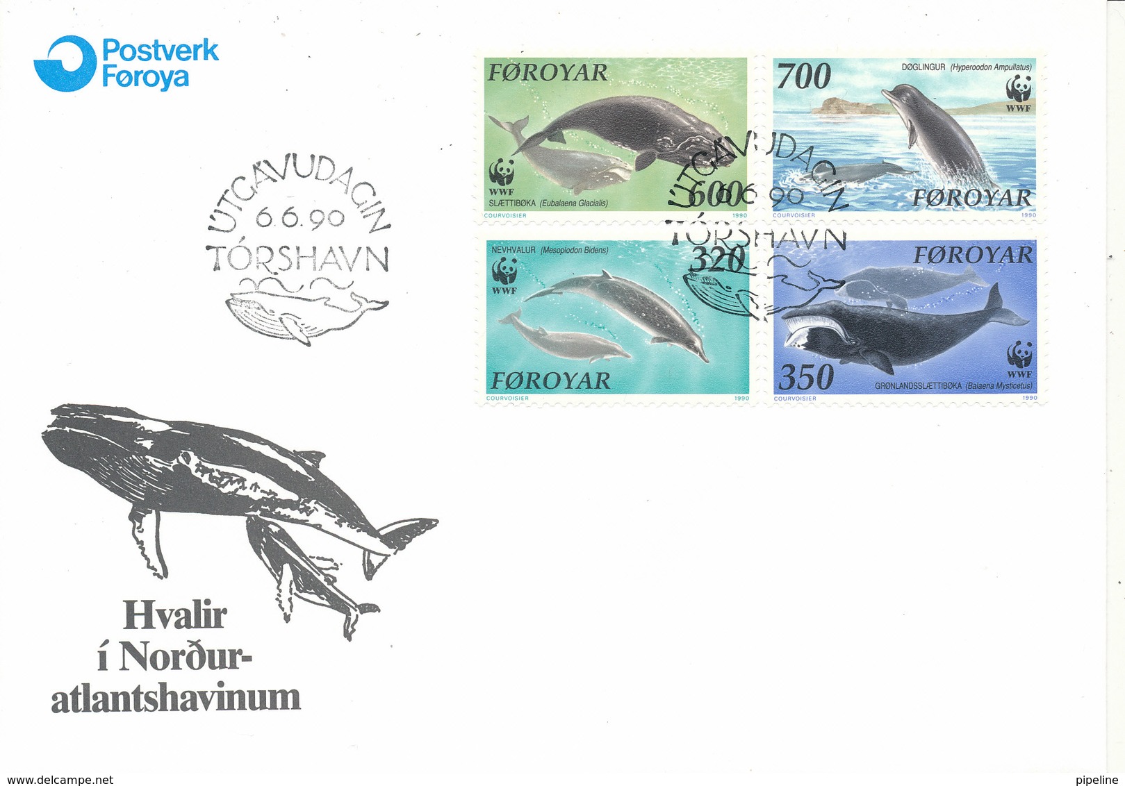 Faroe Islands FDC 6-6-1990 Whales Complete Set Of 4 With Cachet And W.W.F. PANDA On The Stamps - FDC