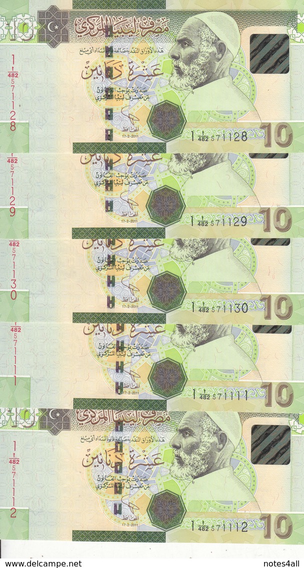 LIBYA 10 DINARS 2011 2012 P-78Ab TYPE B Oberthur UK PRINT  LOT X5 UNC NOTES - Libya