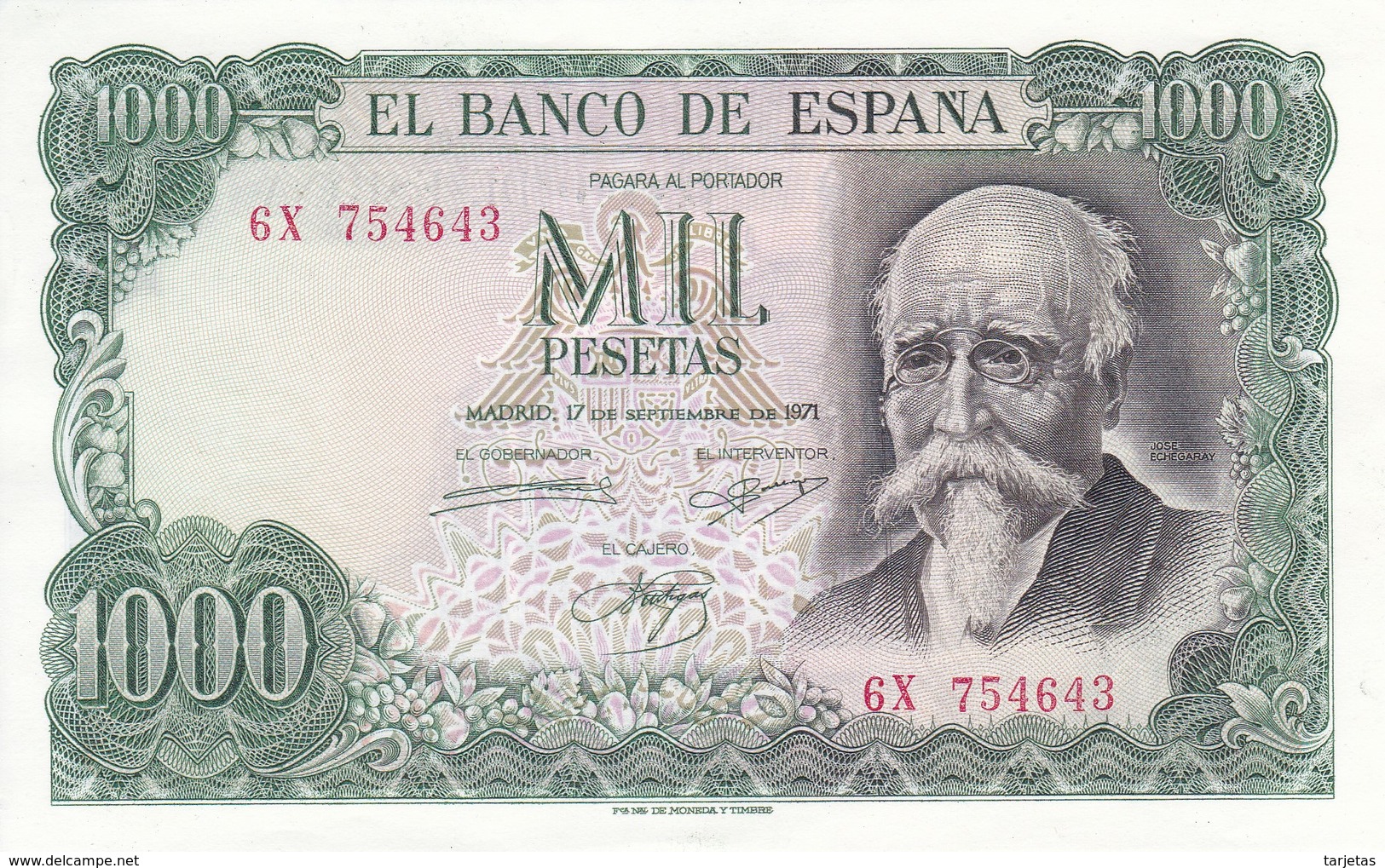 BILLETE DE ESPAÑA DE 1000 PTAS DEL AÑO 1971 JOSE ECHEGARAY SERIE 6X  (BANKNOTE) SIN CIRCULAR-UNCIRCULATED - 1000 Pesetas