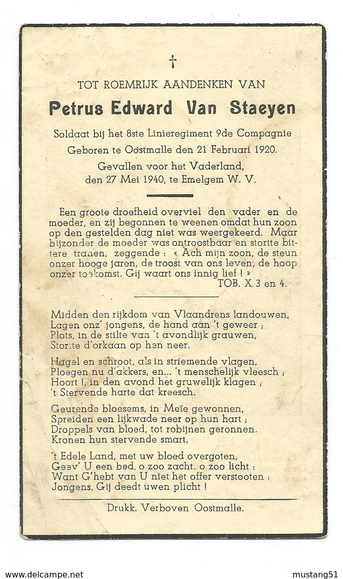 Doodsprentje Gesneuvelde Soldaat 8e Linieregiment Oostmalle + Emelgem 27 Mei 1940 - Images Religieuses