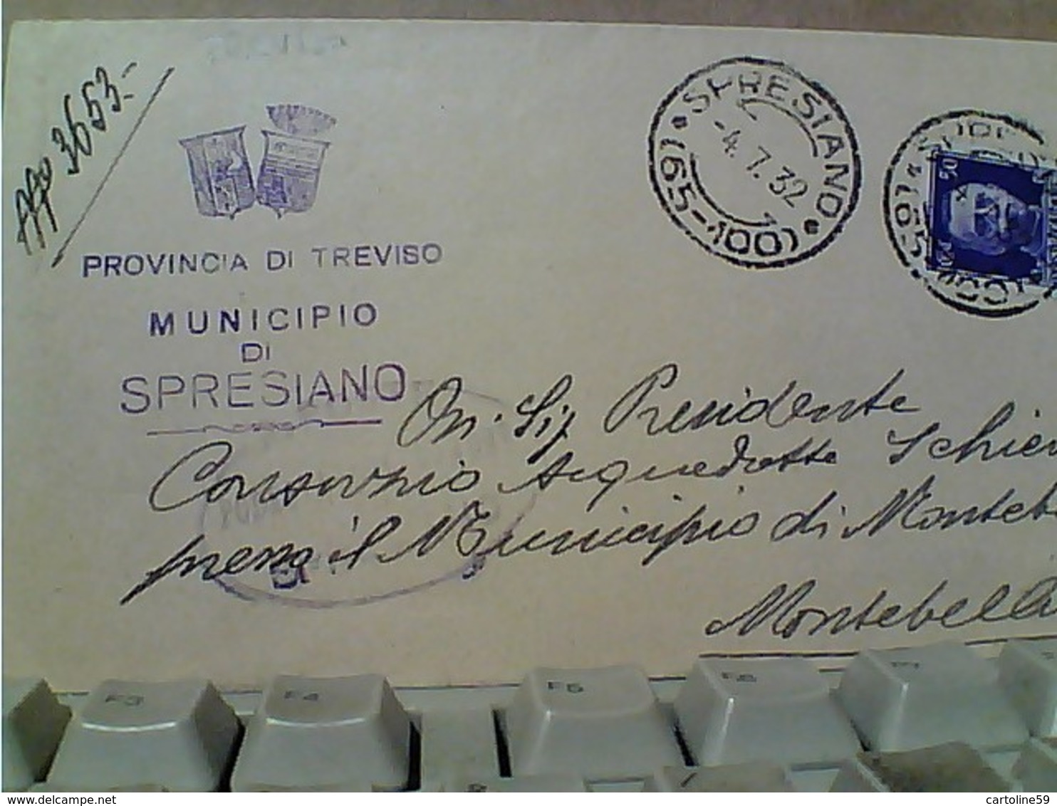 50 C REGNO PIEGO COMUNALE SPRESIANO X MONTEBELLUNA  04/07/1932 GU2768 - Marcophilia
