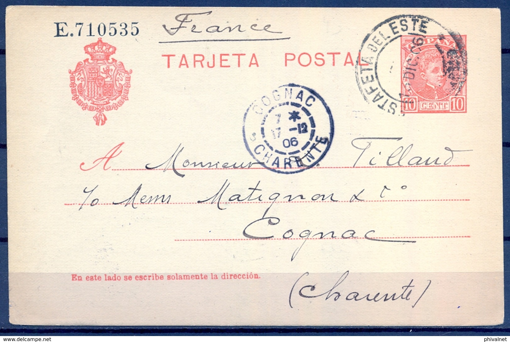 1906 , ENTERO POSTAL ED. 45 , MADRID - COGNAC , LLEGADA - 1850-1931