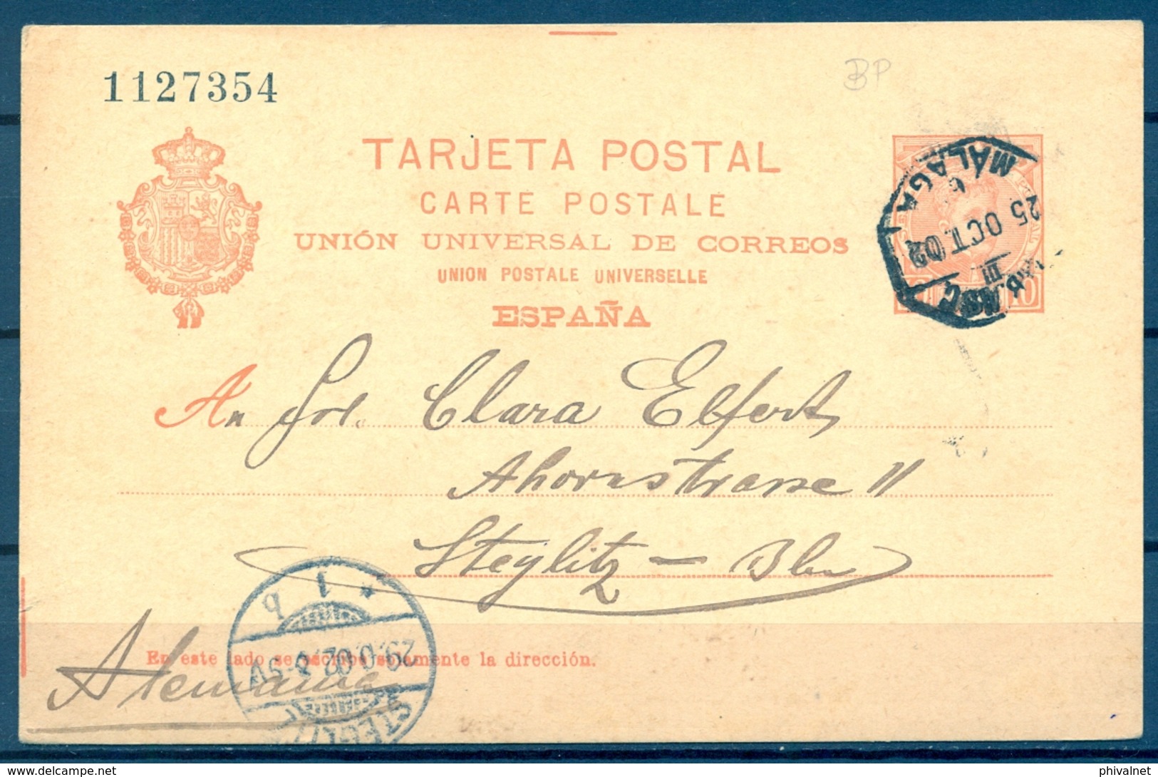 1902 , ENTERO POSTAL ED. 42 , MALAGA - STEGLITZ , LLEGADA , MAT. AMBULANTE " MALAGA " - 1850-1931