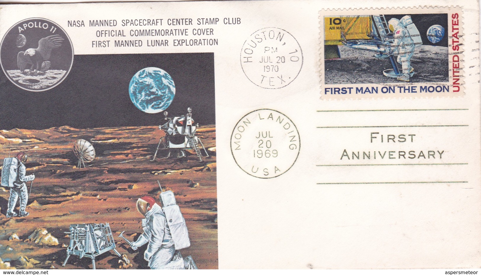 APOLLO 11 NASA MANNED SPACECRAFT CENTER STAMP CLUB. SOBRE ENVELOPE 1970 USA- BLEUP - Nordamerika