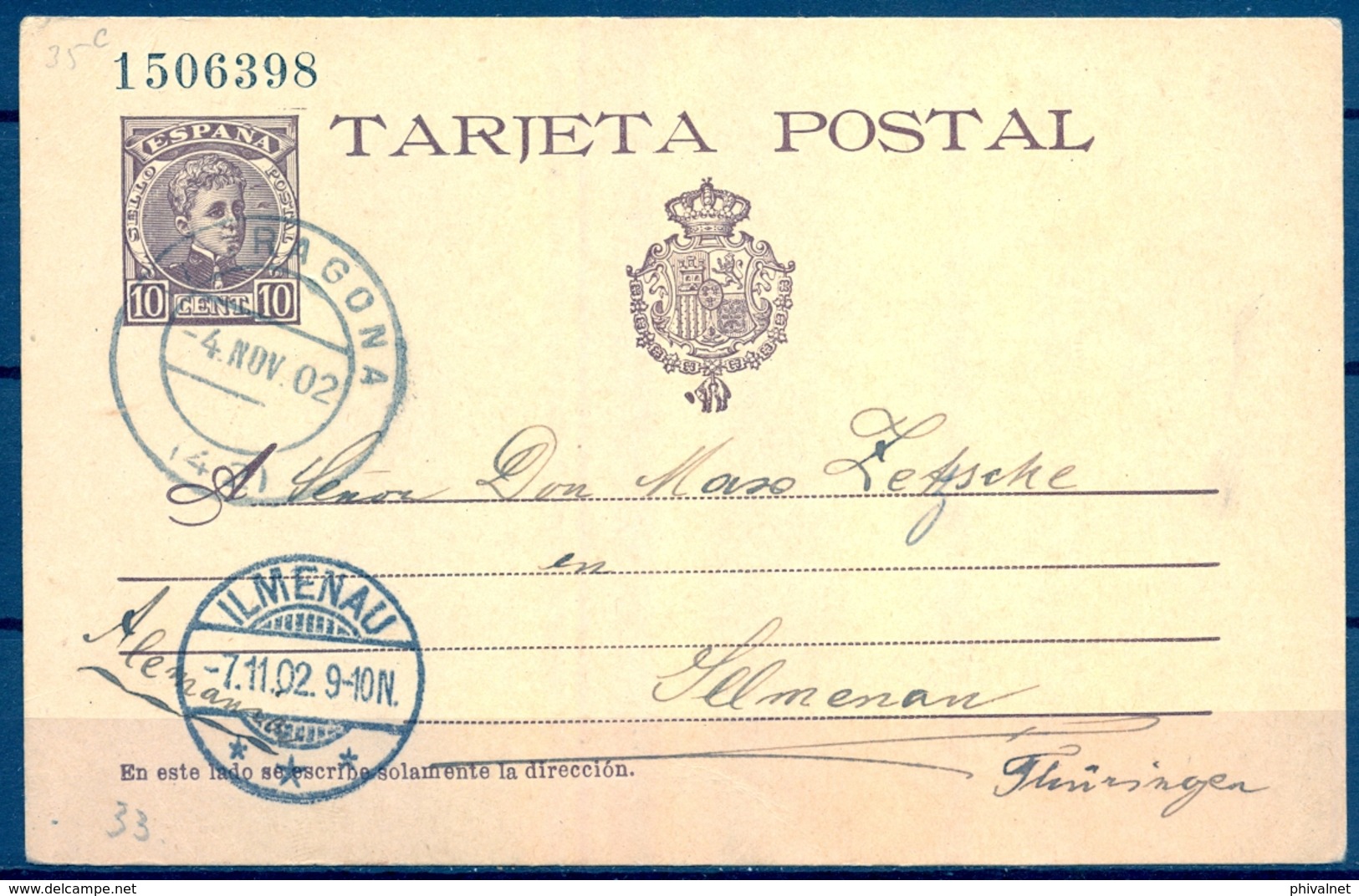 1902 , ENTERO POSTAL , ED. 37 , TARRAGONA - ILMENAU , LLEGADA - 1850-1931