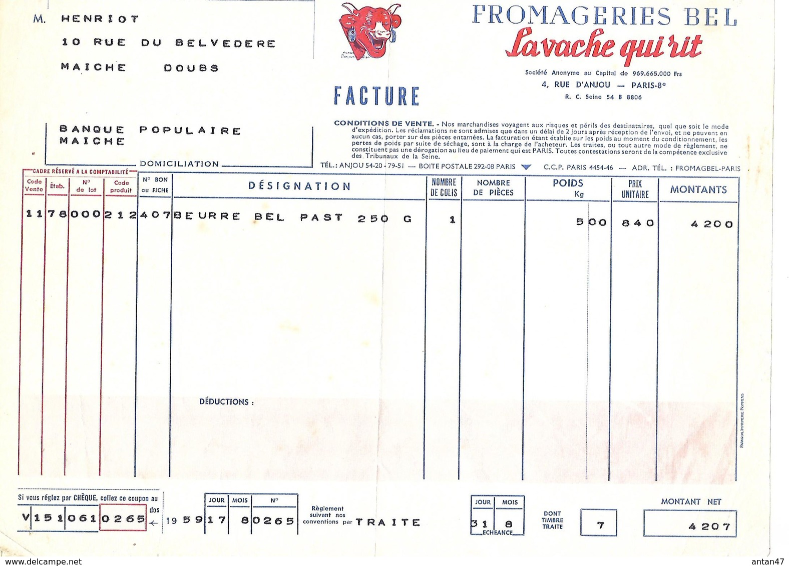 Lot De 2 Factures 1959 / PARIS / Fromageries BEL / La Vache Qui Rit - 1950 - ...