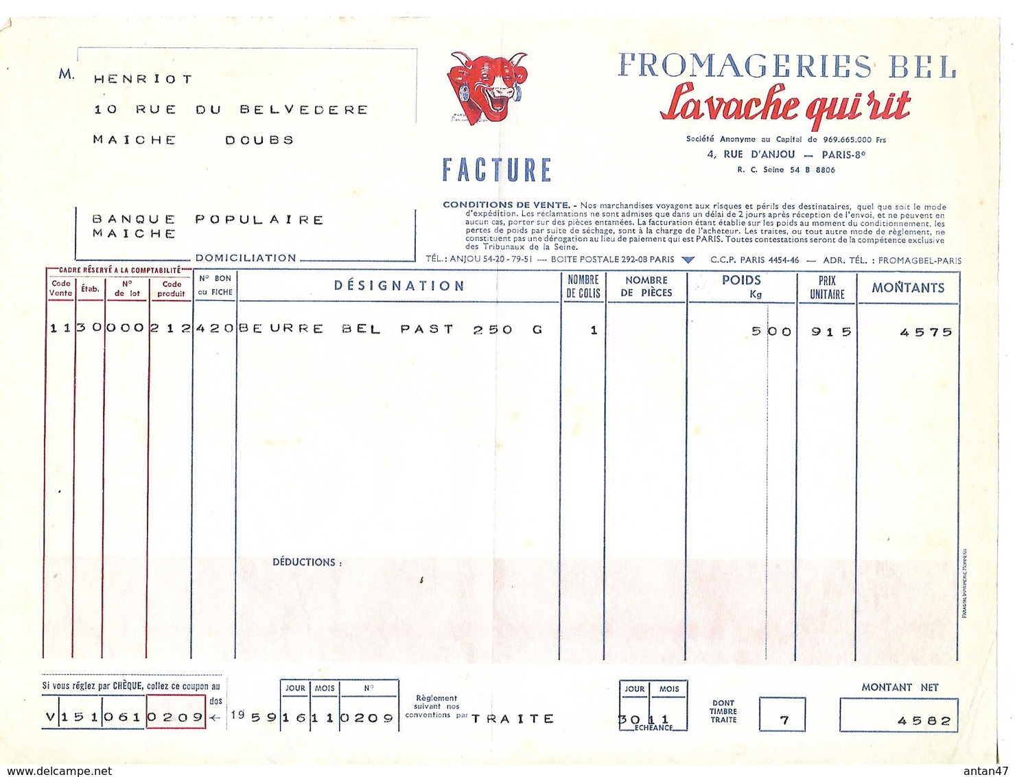 Lot De 2 Factures 1959 / PARIS / Fromageries BEL / La Vache Qui Rit - 1950 - ...