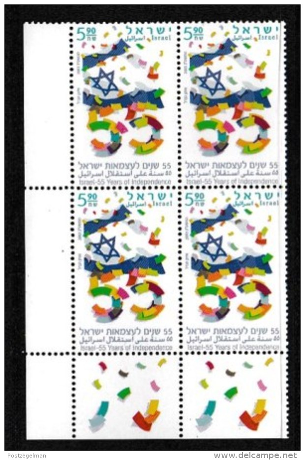 ISRAEL, 2003, Mint Never Hinged Stamp(s) In Blocks, 55 Years Indeoendence, M1723,  Scan X853, With Tab(s) - Nuovi (con Tab)