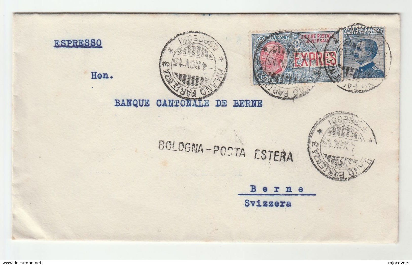 1915 EXPRESS Stamp COVER 'BOLOGNA POSTA ESTERA' Post Marking MILAN Italy To BERNE Switzerland - Marcophilia