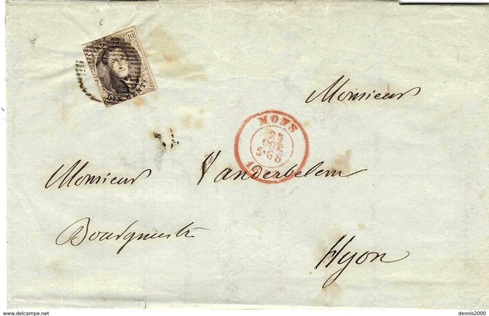 1852- Lettre De Mons  Affr. 10 C - 1849-1865 Médaillons (Autres)