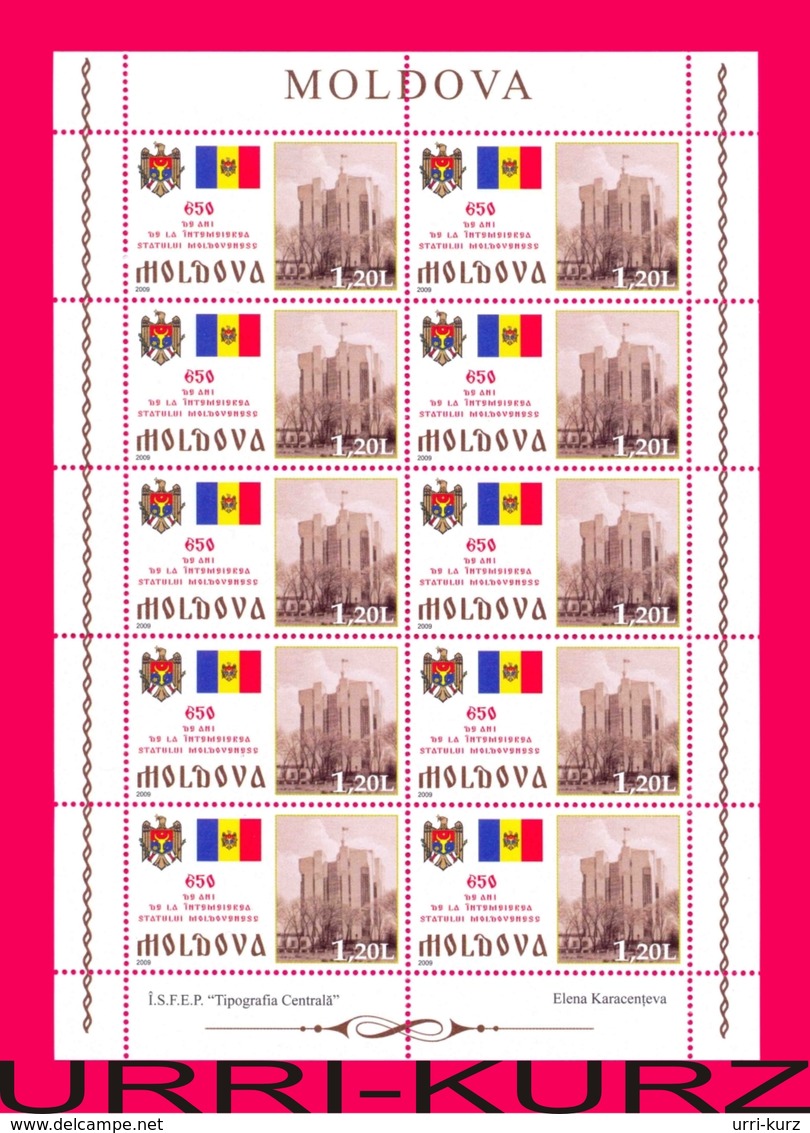 MOLDOVA 2009 Flag Coat Of Arms Building Of President Palace Statehood Of Moldova 650th Anniversary Sheetlet Mi Klb.641 - Francobolli
