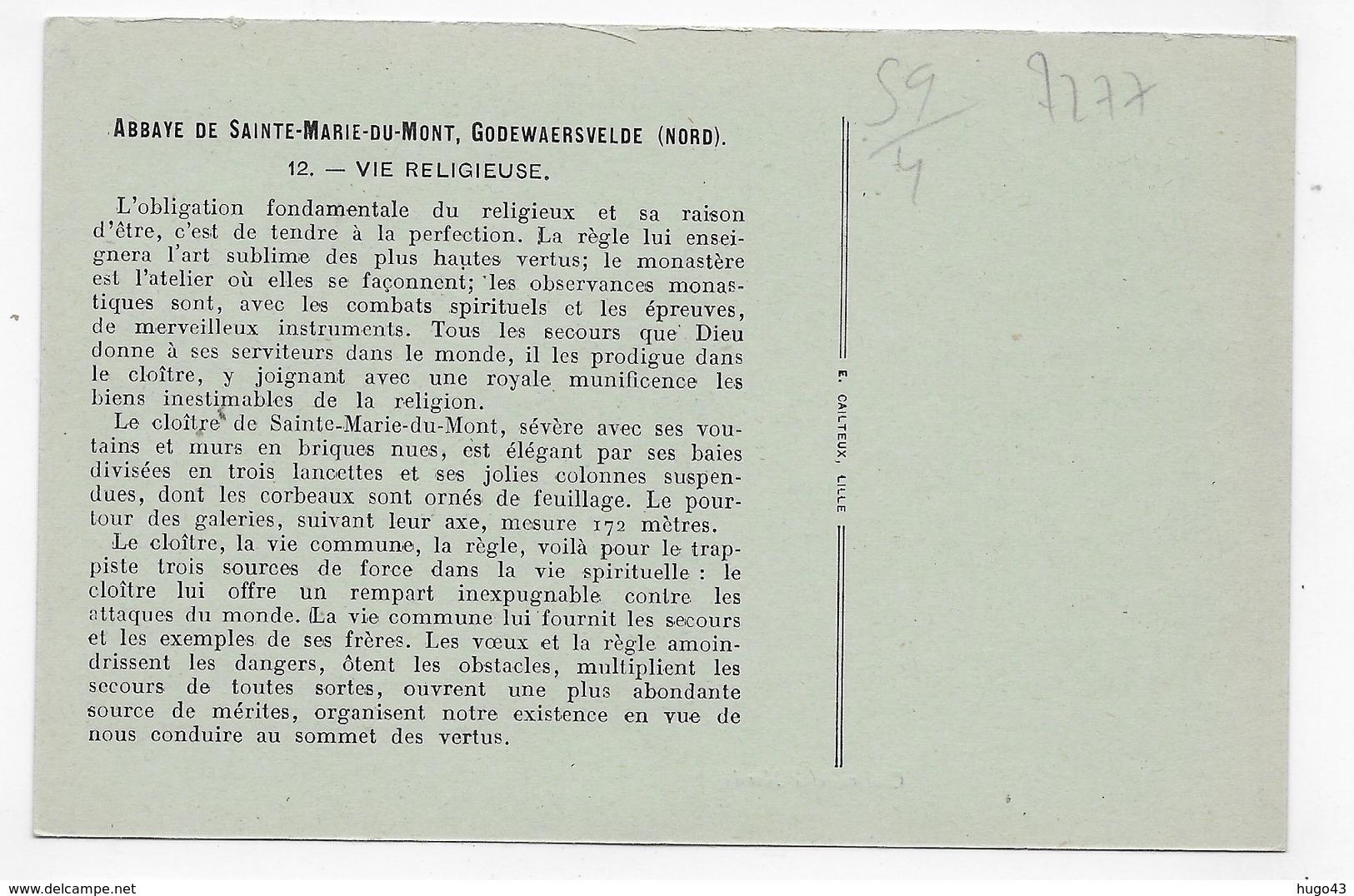 (RECTO / VERSO) GODEWAERSVELDE - N° 12 - ABBAYE DE SAINTE MARIE DU MONT - CLOITRE - VIE RELIGIEUSE - TEXTE - CPA - Autres & Non Classés