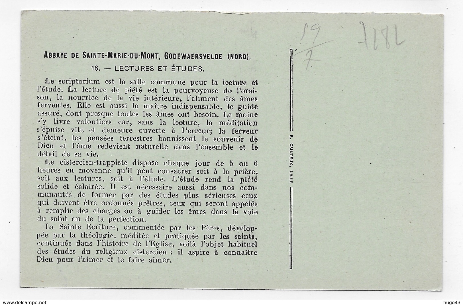 (RECTO / VERSO) GODEWAERSVELDE - N° 16 - ABBAYE DE SAINTE MARIE DU MONT - LECTURES ET ETUDES - TEXTE - CPA - Autres & Non Classés