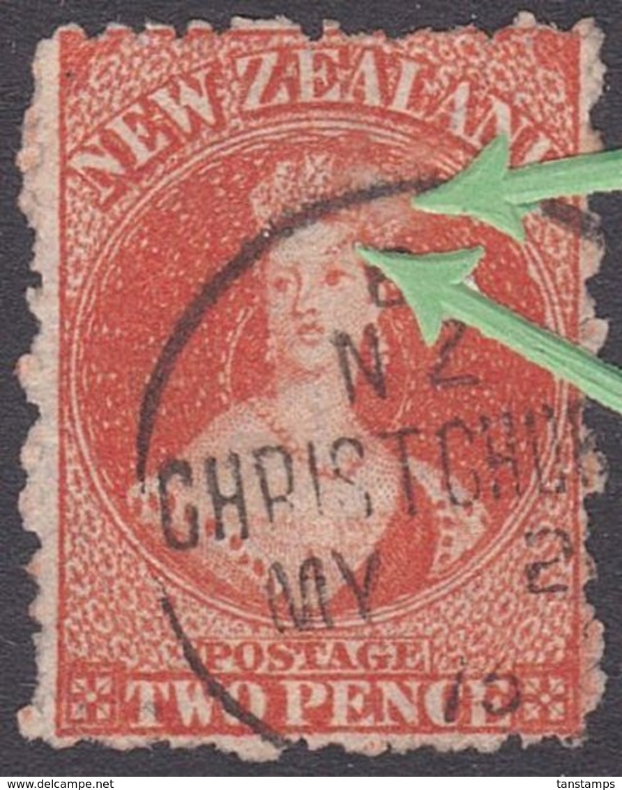 NZ PLATE II CHALON 2d VERMILLION FFQ R4/4 POSITIONAL FLAW - Used Stamps