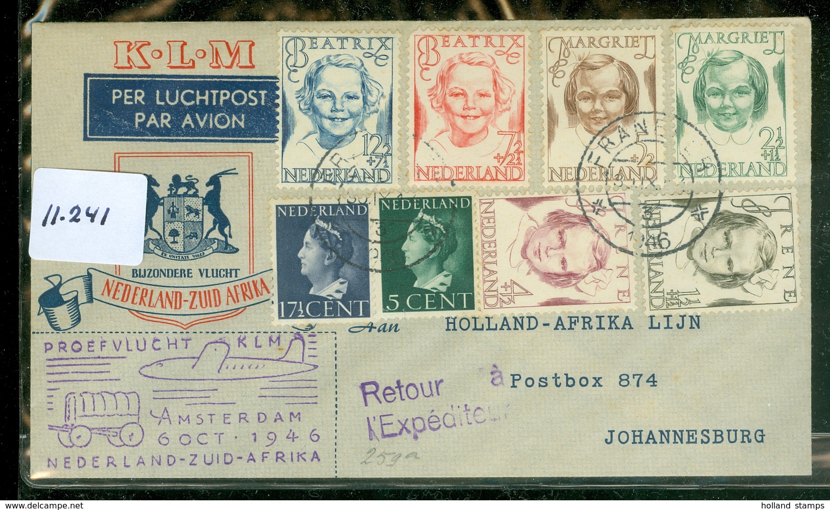 L.P.  KLM BRIEFOMSLAG Gelopen In 1946 Van FRANEKER Naar JOHANNESBURG PROEFVLUCHT NEDERLAND - ZUID AFRIKA  (11.241) - Covers & Documents