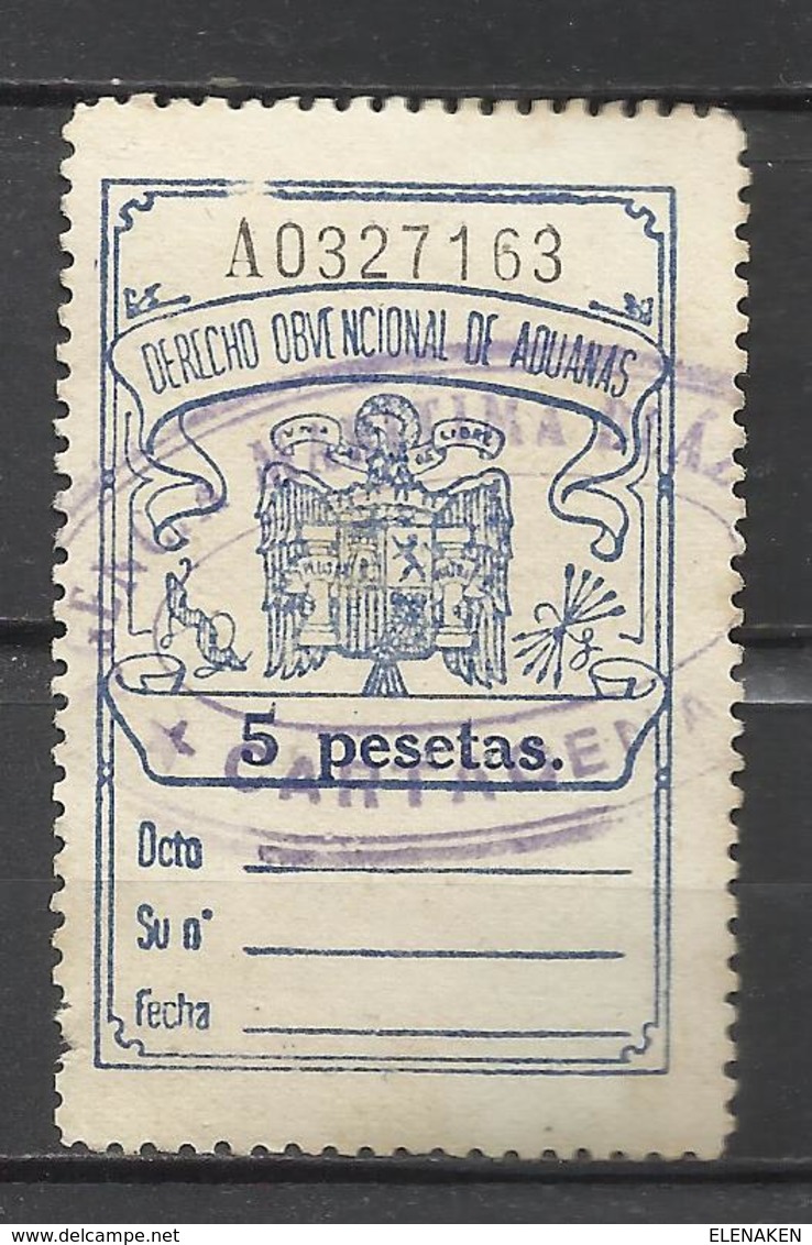 9015-sello 1940 Derecho Obvencional Aduanas 1940 5 Pesetas Dictadura,Franquismo.spai N Revenue Fiscaux Stempelmarken. St - Fiscales