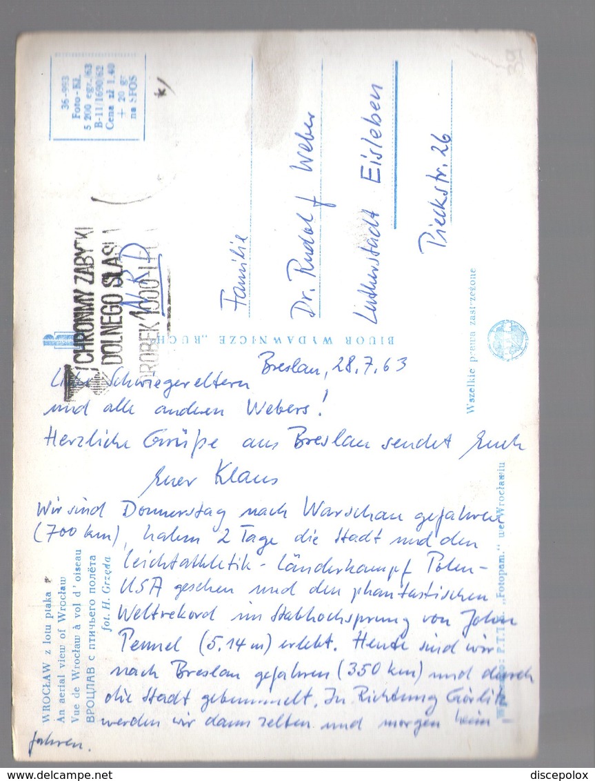 U3210 Postcard 1963 - WROCLAW, AERIAL VIEW + NICE TIMBRE AND LETTRE _ FOT. GRZEDA - Polonia