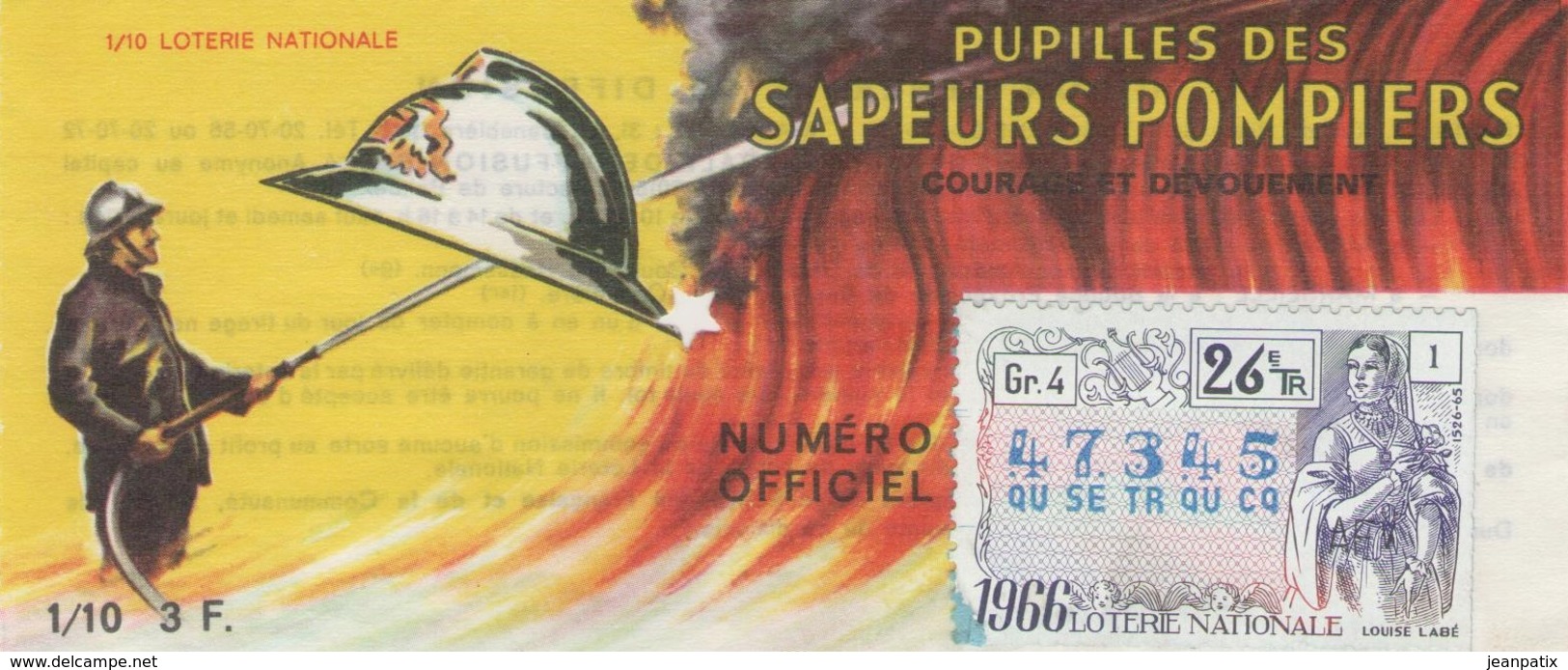 Billet De Loterie Nationale, Pupilles Des Sapeurs Pompiers, 1966, (timbre 1966, 26ème Tranche) - Billets De Loterie