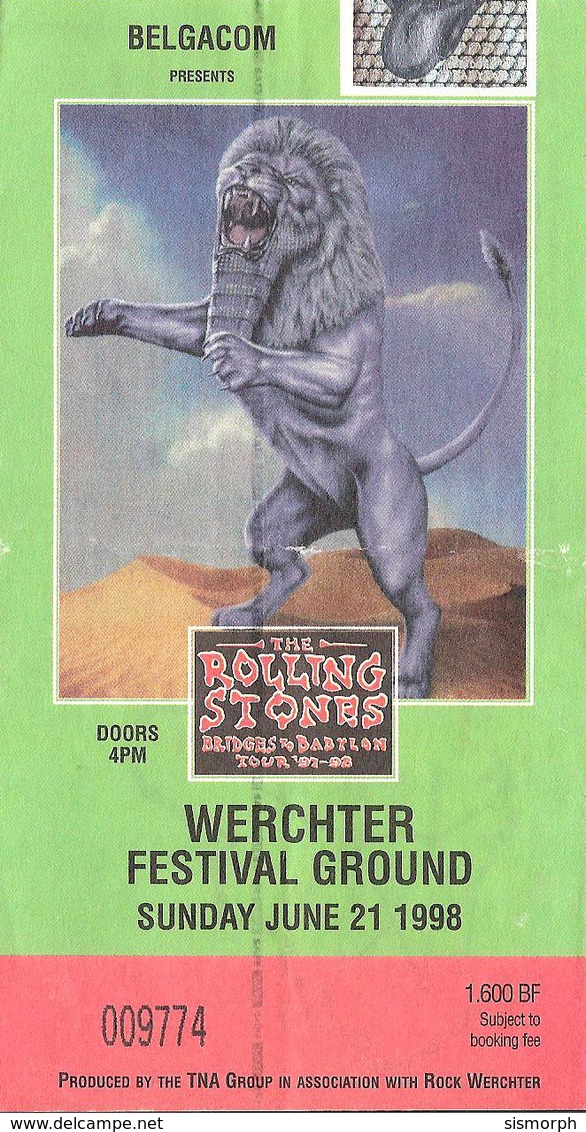 ROLLING STONES CONCERT TICKET WERCHTER FESTIVAL GROUND 1998-06-21 - Concert Tickets