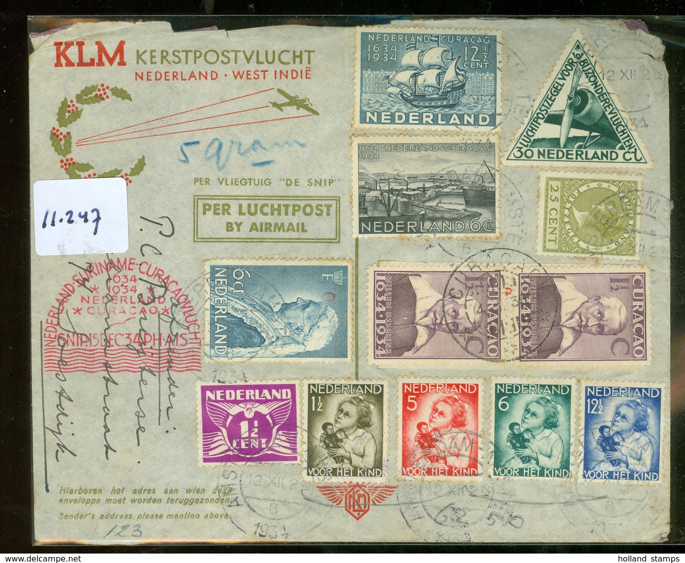 L.P. * DE SNIP * KLM * BRIEFOMSLAG Gelopen In 1934 SERIE 270-73 Van AMSTERDAM Naar SURINAME / CURACAO (11.247) - Lettres & Documents