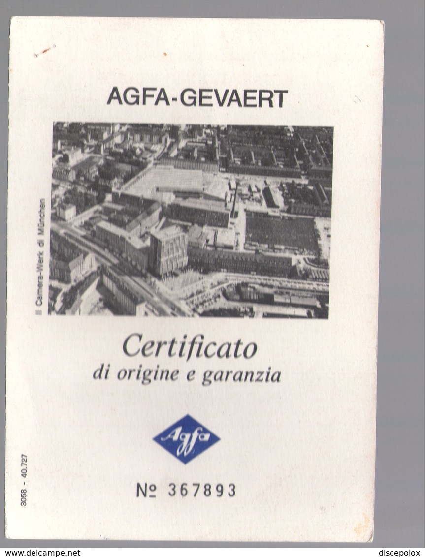 U3245 CERTIFICATO DI GARANZIA MACCHINA AGFAMATIC 300 SENSOR - Altri & Non Classificati