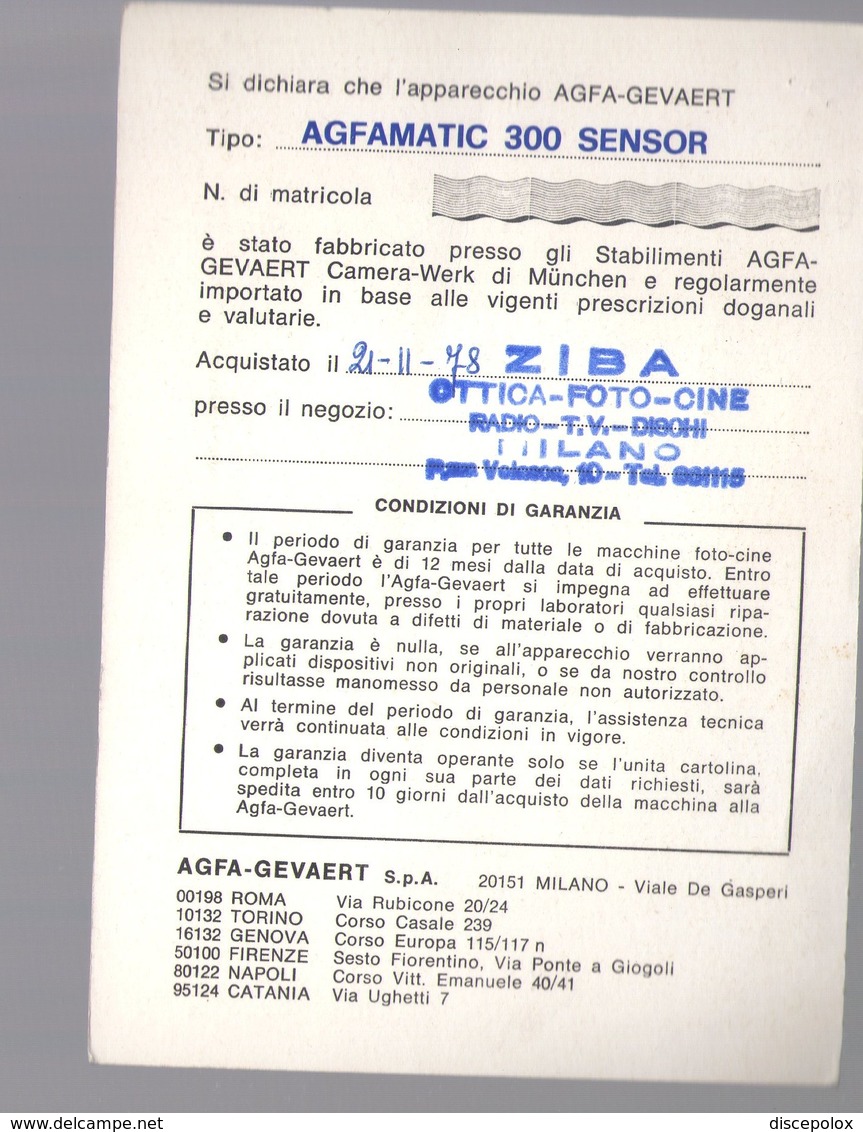 U3245 CERTIFICATO DI GARANZIA MACCHINA AGFAMATIC 300 SENSOR - Altri & Non Classificati
