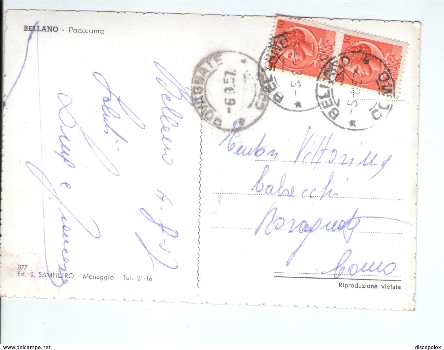 U3248 Annullo D'arrivo E Partenza: ROVAGNATE  E BELLANO 1957 SU CARTOLINA _ Storia Postale - 1946-60: Storia Postale