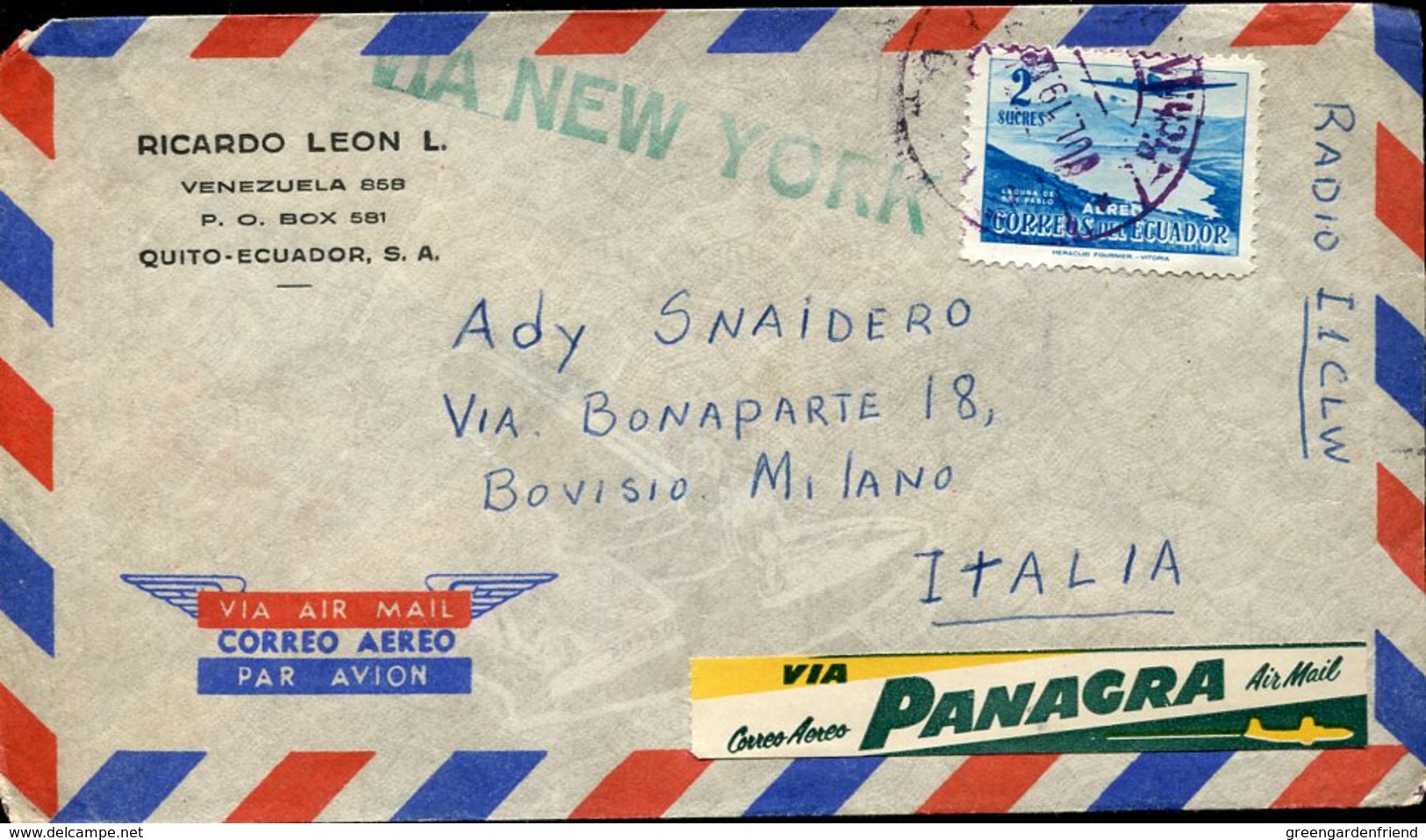 36238 Ecuador, Circuled Cover 1956 From Quito To Italy - Ecuador