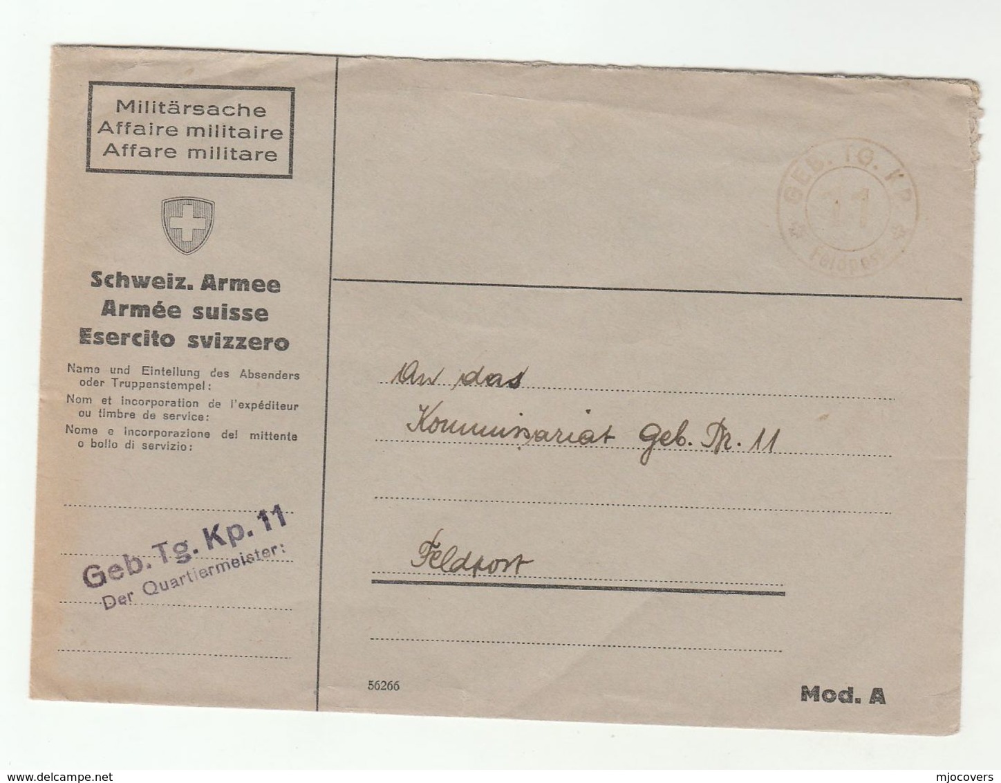 GEB TG KP 11 DER QUATIERMEISTER Switzerland FELDPOST COVER Military Forces - Documents