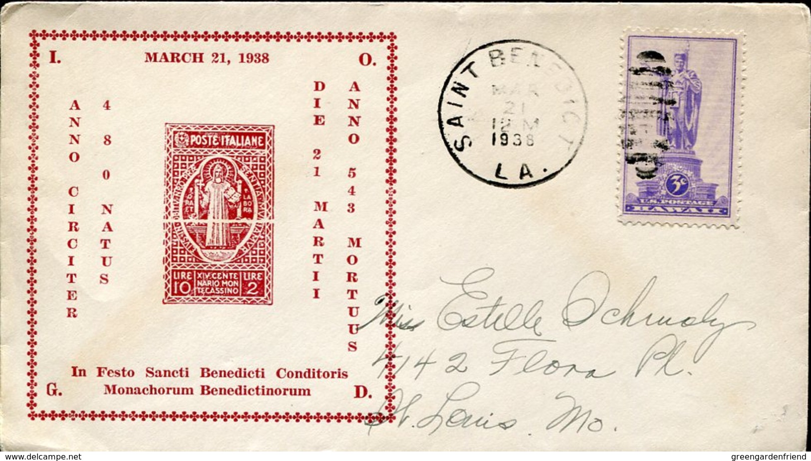 36248 U.s.a.  Circuled Cover 1938 St. Benedict, Saint Benedict Post Office Louisiana, - Christianisme