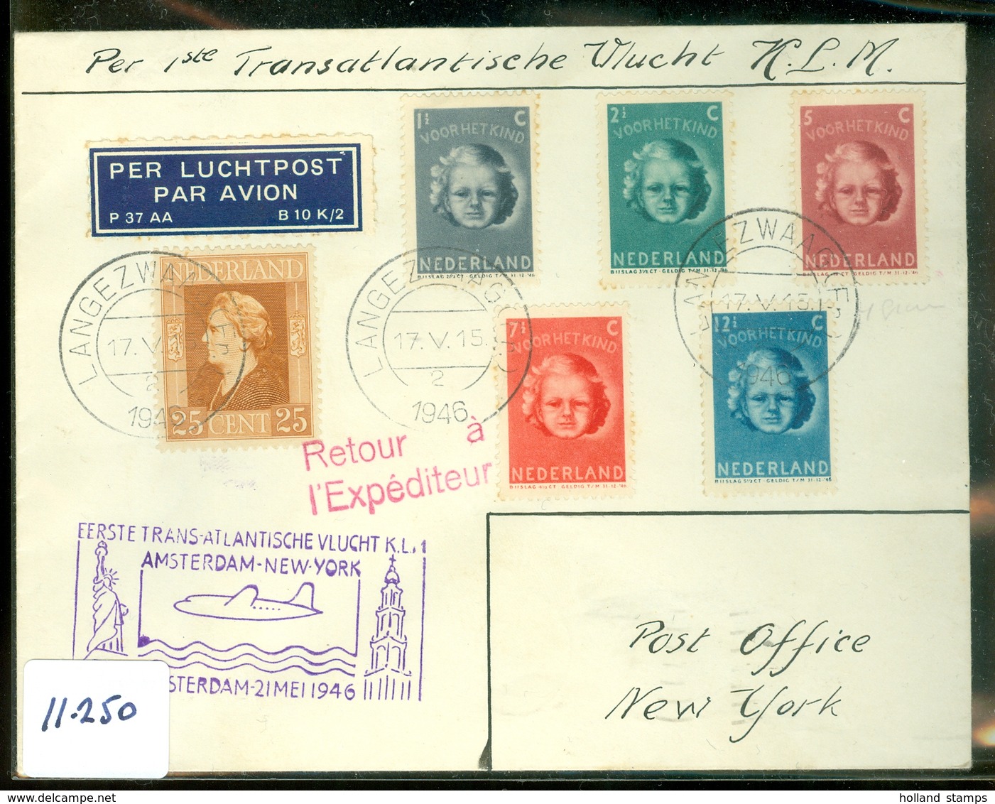 L.P.  * KLM * BRIEFOMSLAG Gelopen In 1946 Van ROTTEVALLE Naar NEW YORK * 1e KLM VLUCHT  V.v. (11.250) - Covers & Documents