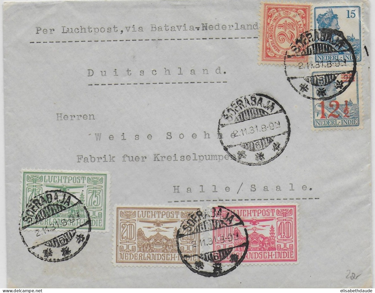 INDES NEERLANDAISES - 1931 - ENVELOPPE Par AVION Via BATAVIA De SOERBAJA => HALLE (ALLEMAGNE) - Niederländisch-Indien