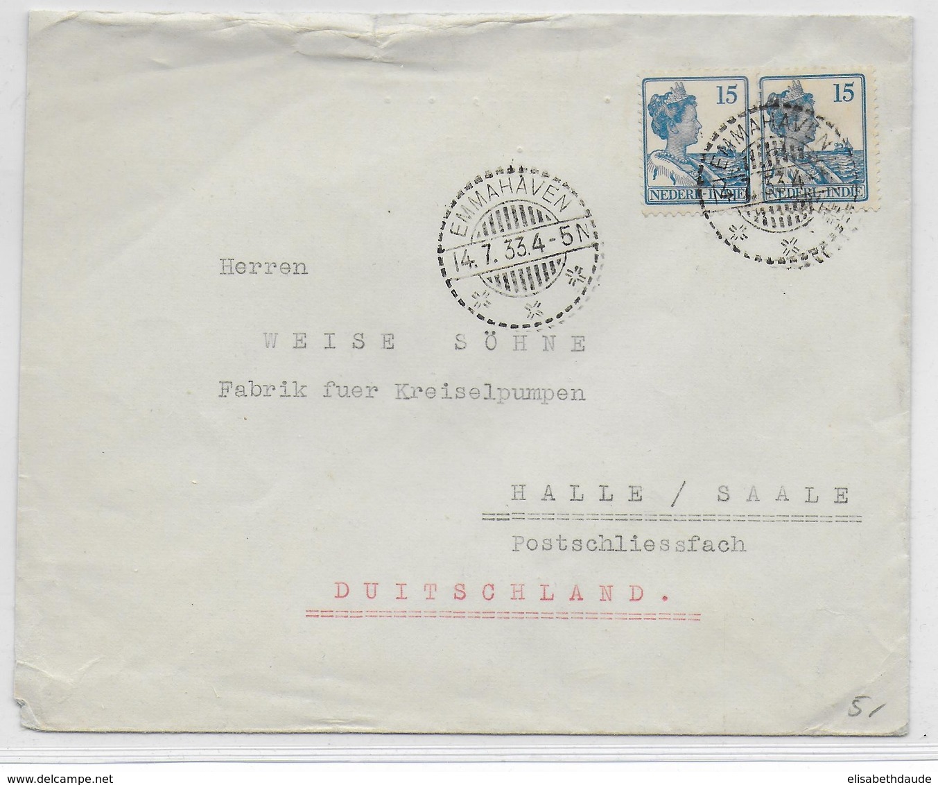 INDES NEERLANDAISES - 1933 - ENVELOPPE De EMMAHAVEN => HALLE (ALLEMAGNE) - Niederländisch-Indien