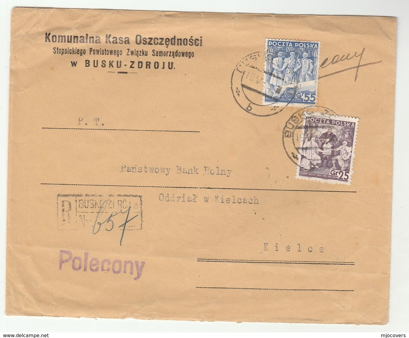 1939 Registered  BUSKU ZDROJU MUNICIPAL SAVINGS BANK COVER To KIELCE Poland Republic Anniv Stamps Banking Finance - Covers & Documents