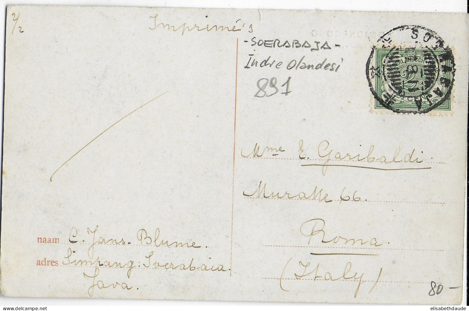 INDES NEERLANDAISES - 1911 - CARTE POSTALE De SOERABAJA => ROMA (ITALIA) - Indonesien