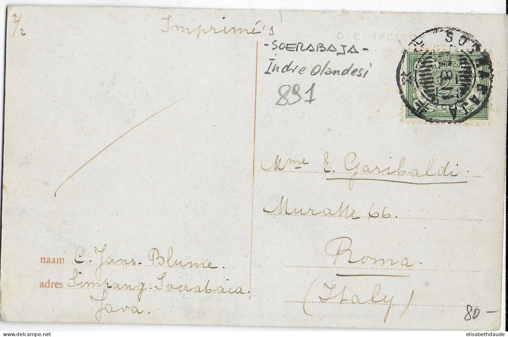 INDES NEERLANDAISES - 1911 - CARTE POSTALE De SOERABAJA => ROMA (ITALIA) - Indonésie