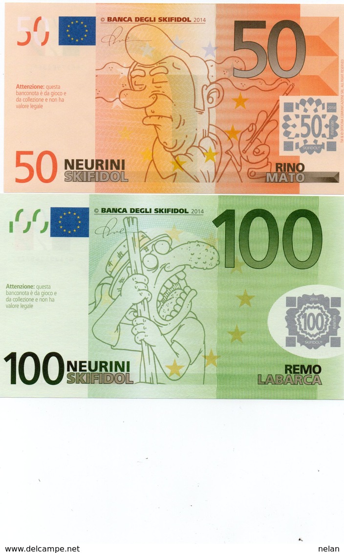 LOTTO 2 BANCONOTE-50,100 EURO-NEURINI-SKIFIDOL-2014 EMISSIONI DI  FANTASIA-UNC- Fantasy Issue - Prove Private