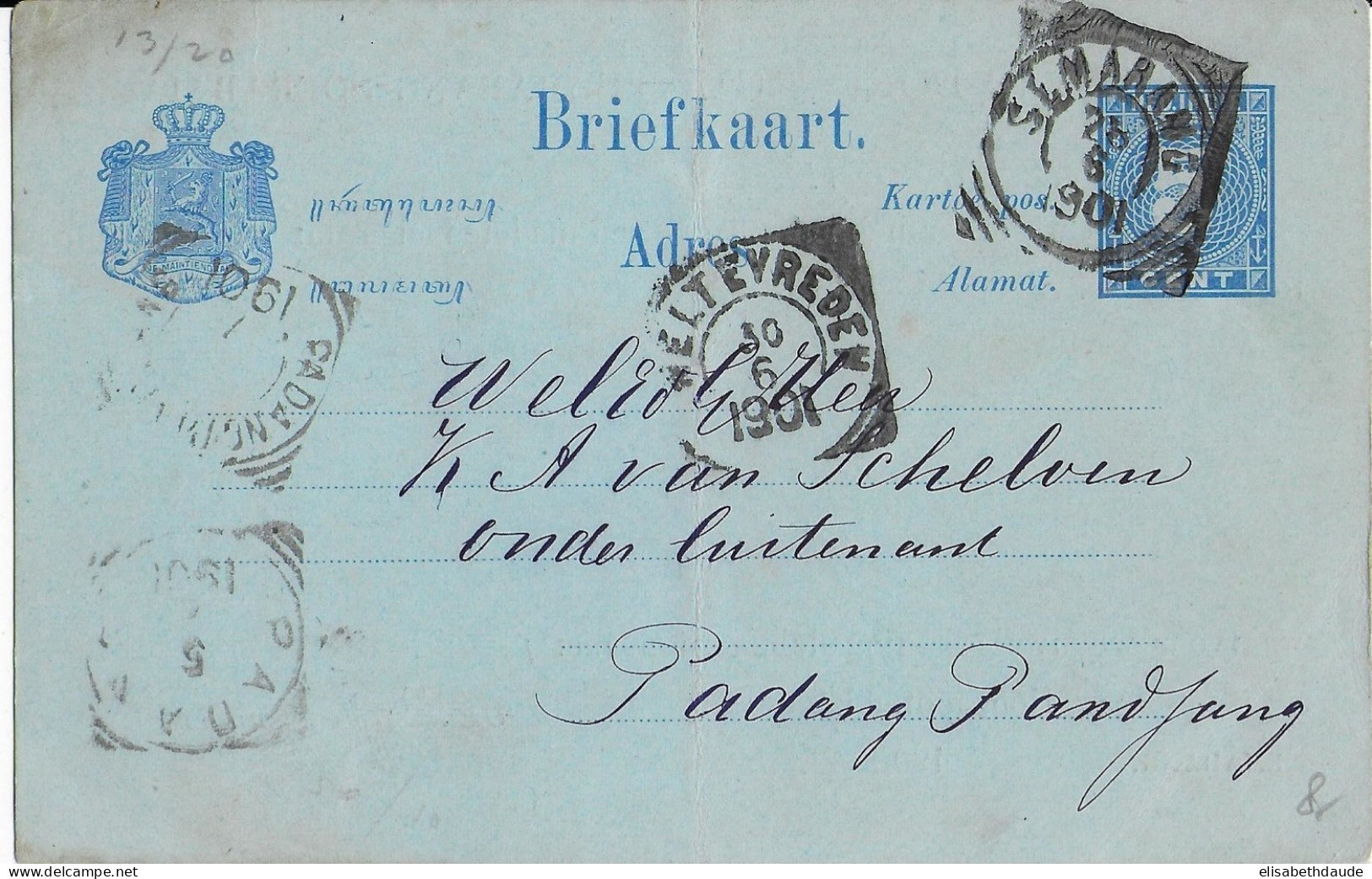 INDES NEERLANDAISES - 1890 - CARTE ENTIER Avec REPIQUAGE AU DOS De SEMARANG => PADANG - Niederländisch-Indien