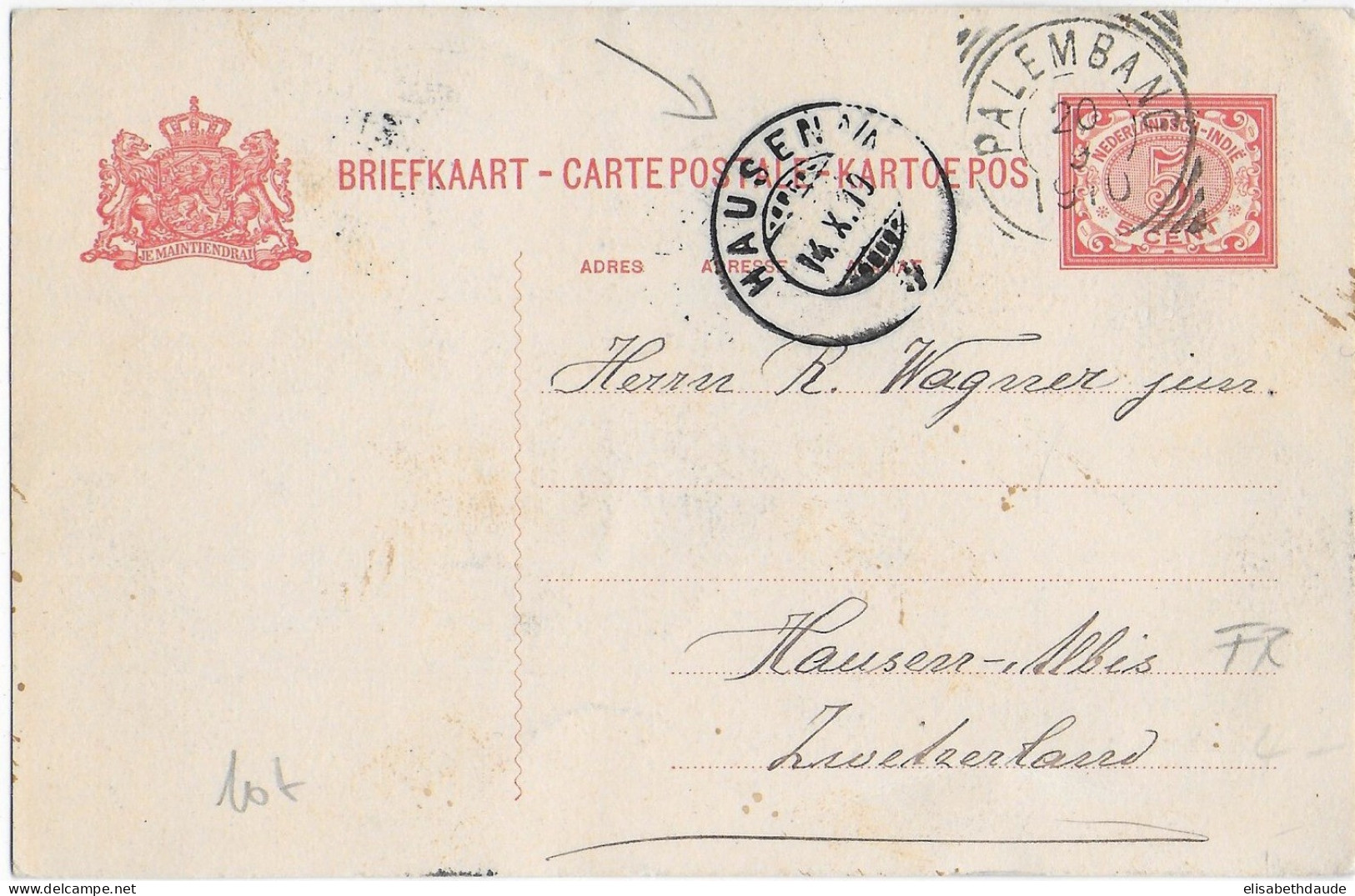 INDES NEERLANDAISES - 1910 - CARTE ENTIER De PALEMBANG => HAUSEN (SUISSE) - Netherlands Indies